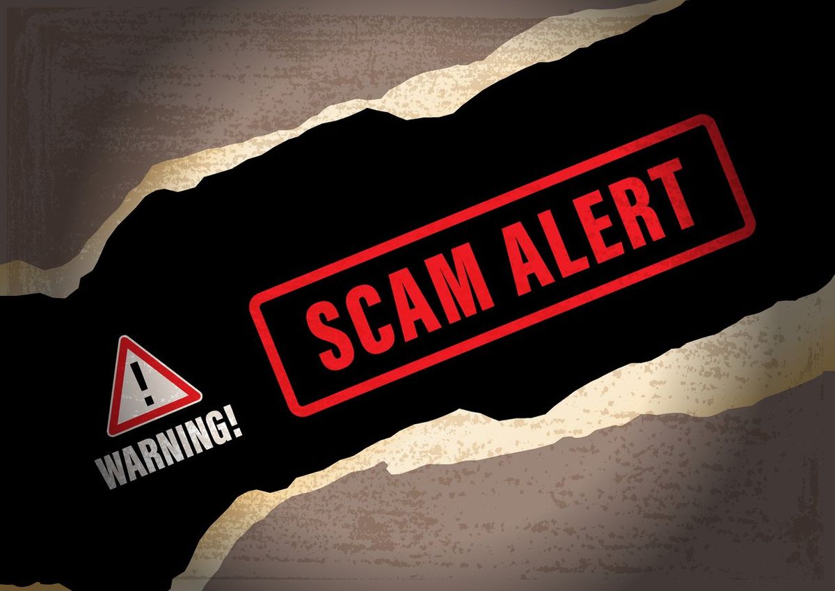 Red triangle with "Warning" underneath next to "Scam Alert" in red